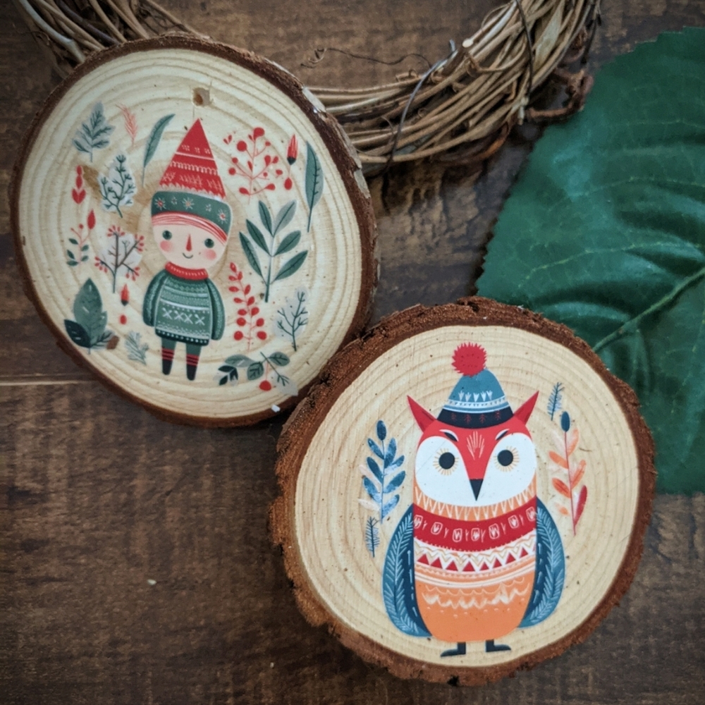 Folk holiday ornaments (2) - handmade wood slice decoration Christmas/Yule